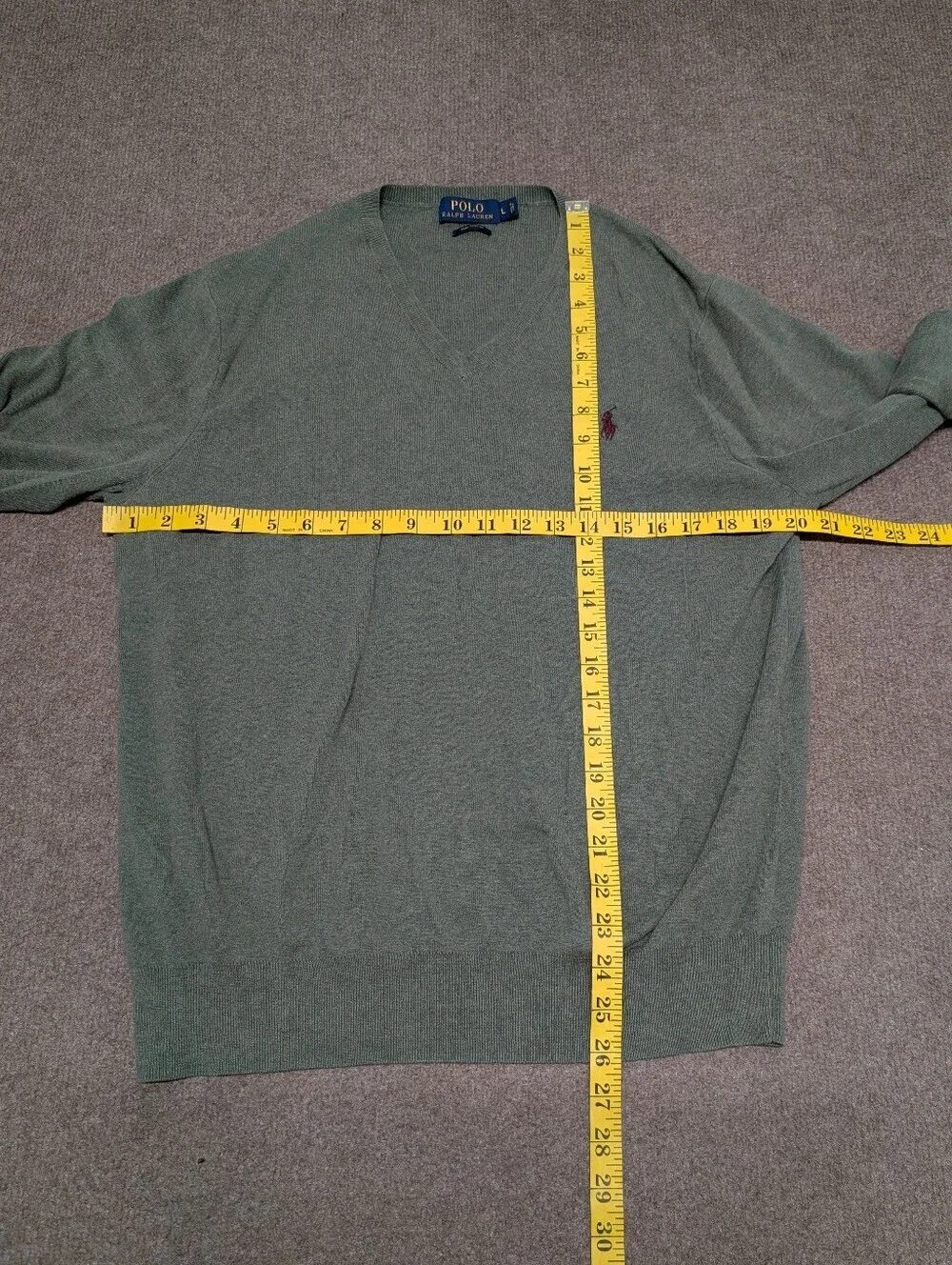 Polo by Ralph Lauren Men's Green V-Neck Pima Cotton Sweater Grandpacore (Large)